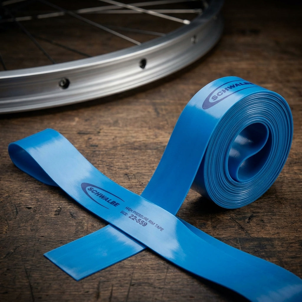 Schwalbe Felgenband PU 25-584 25mm 27,5Zoll blau, abgerollt neben Fahrradfelge auf dunklem Holztisch.