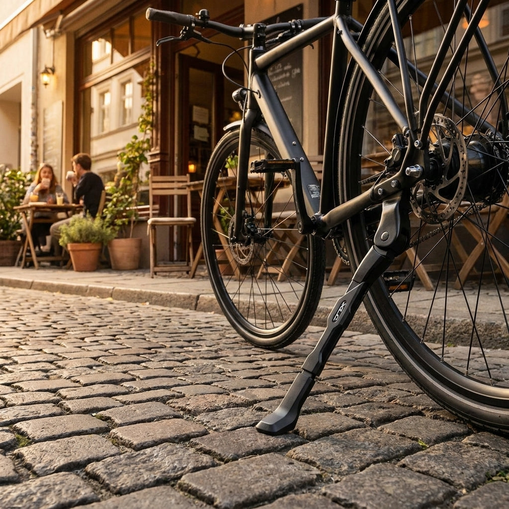 Schwarzer XLC Seitenständer KS-B02 am Fahrrad auf Kopfsteinpflaster vor Café, verstellbar 24-28 Zoll.