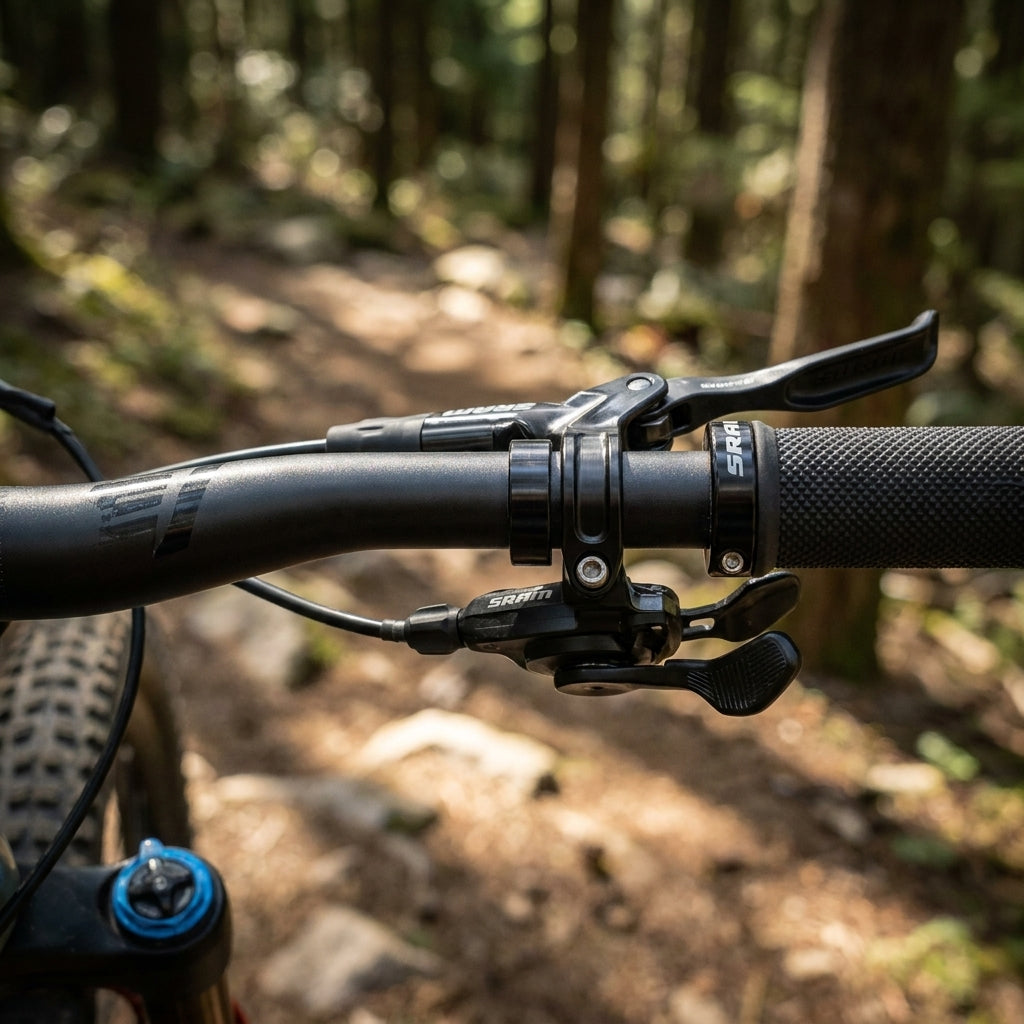 Avid MatchMaker Befestigungsadapter für Brems-Schalthebel am Mountainbike Lenker im Wald.