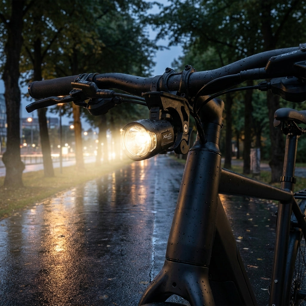 XLC Frontlichthalterung CL-X03 am Fahrrad mit hellem Frontlicht, das nassen Weg bei Nacht beleuchtet.
