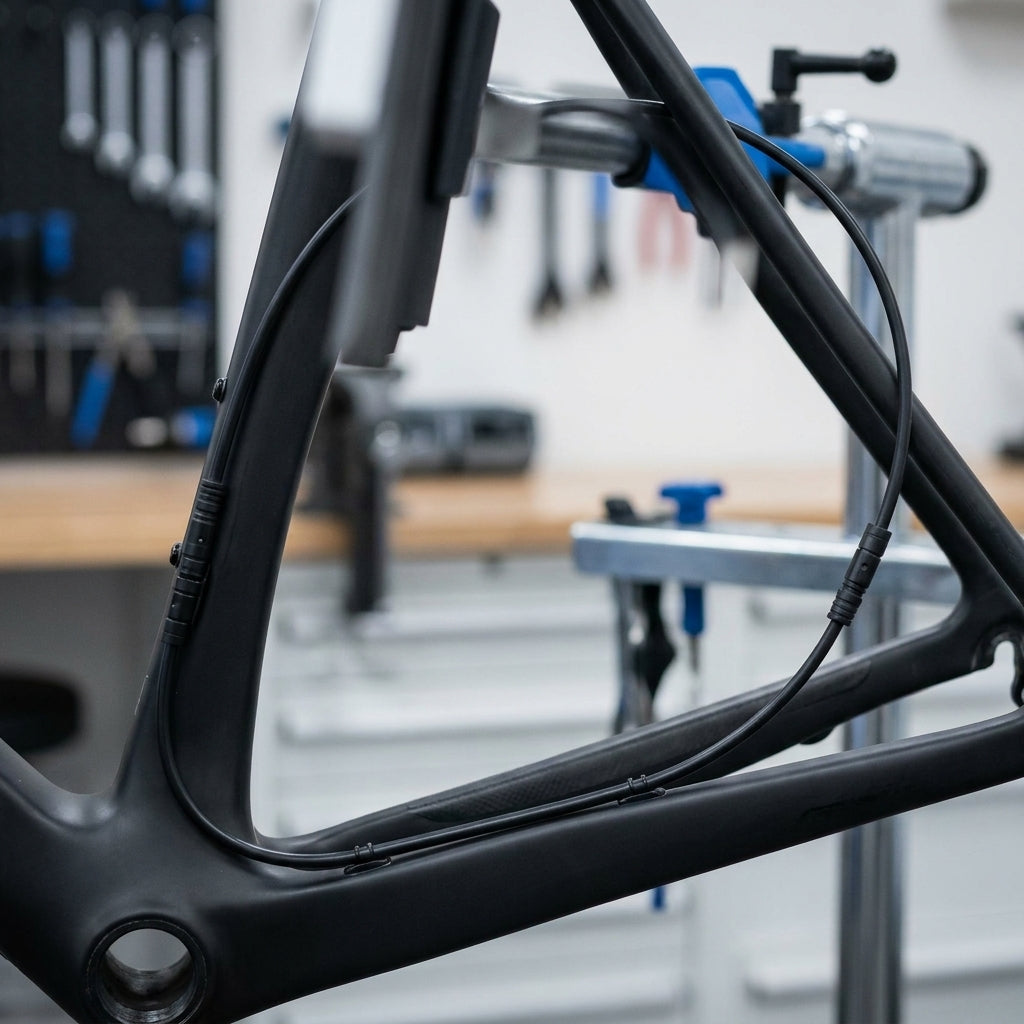 Schwarzes SHIMANO Di2 EW-SD50 Stromkabel extern am Fahrradrahmen verlegt, in einer Fahrradwerkstatt.