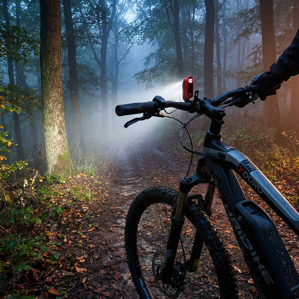 Haibike eHeadlight LED 60 Lux rot schwarz am E-Bike, beleuchtet nebligen Waldweg.