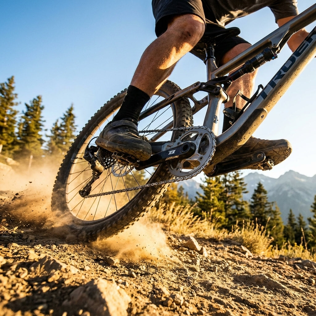 Fahrradantrieb mit Stronglight HT3 Kettenblatt 34 Zähne SRAM X01 1x11 am Mountainbike in staubiger Fahrt für effizienten Antr