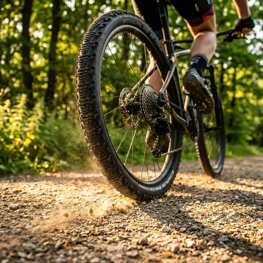 Schwalbe CX COMP 26x2.00 Mountainbike Reifen auf Schotterweg, Staub aufwirbelnd.
