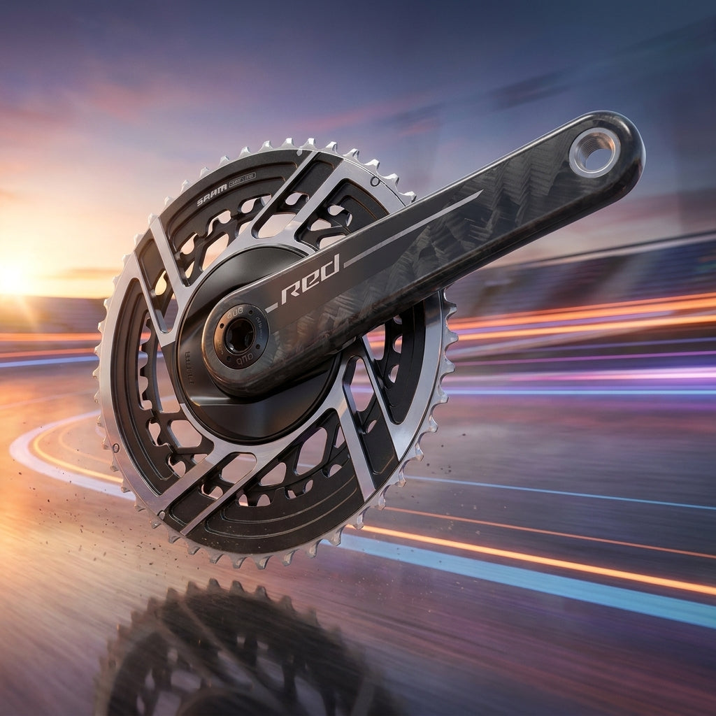 SRAM RED E1 Kurbelgarnitur 175mm 48-35T: ultraleichte High-Performance Rennradkurbel auf dynamischer Straße.