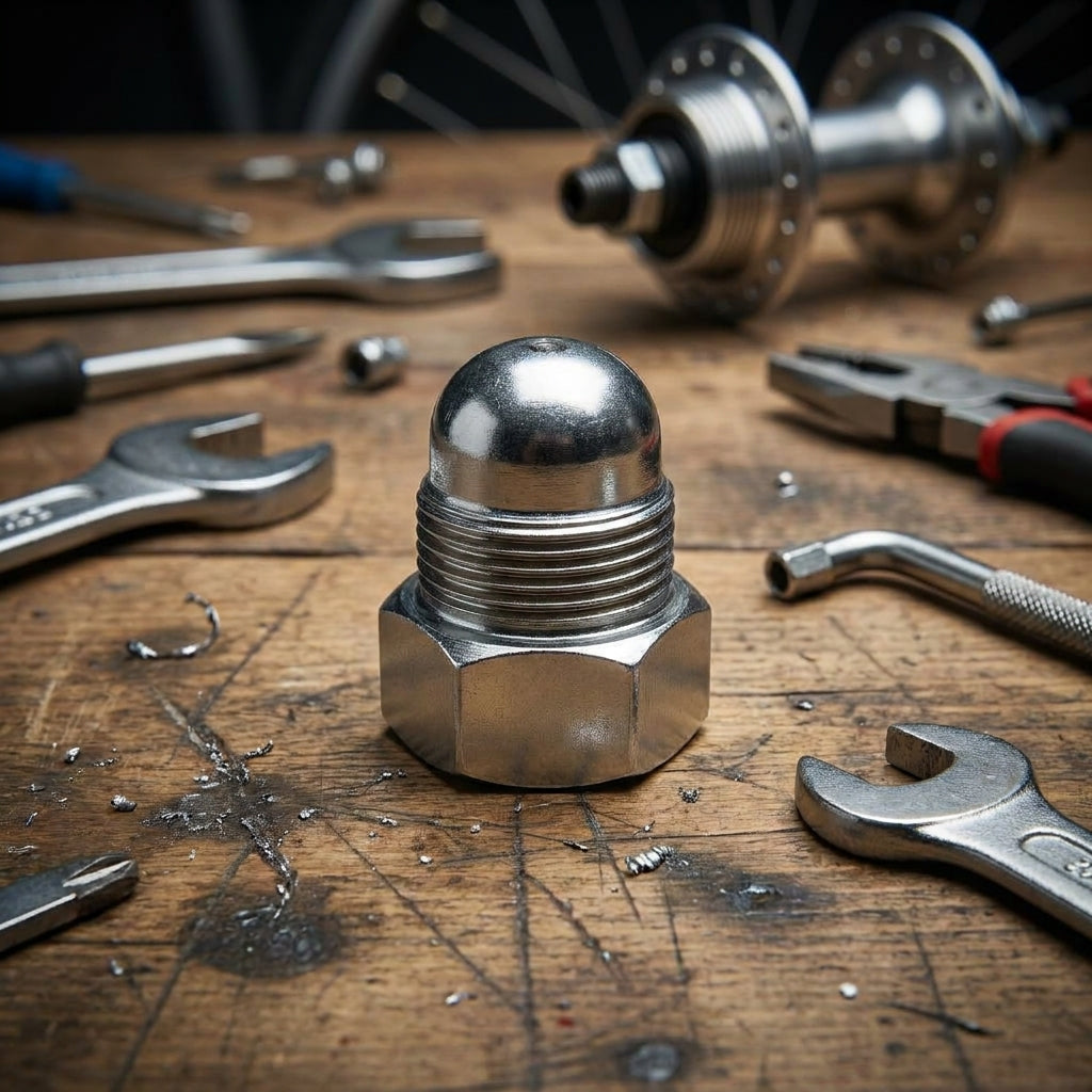Fix Nippel Hutmutter HR FG 10,5mm für 3-/5-/7-Gang auf Werkbank mit Fahrradwerkzeugen und Fahrradnabe.