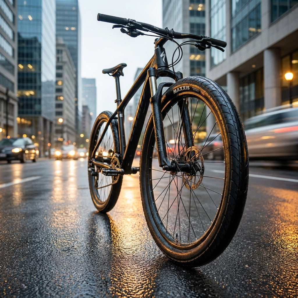 Maxxis Detonator Reifen 26x1.25 schwarz faltbar am Fahrrad auf nasser Stadtstraße.