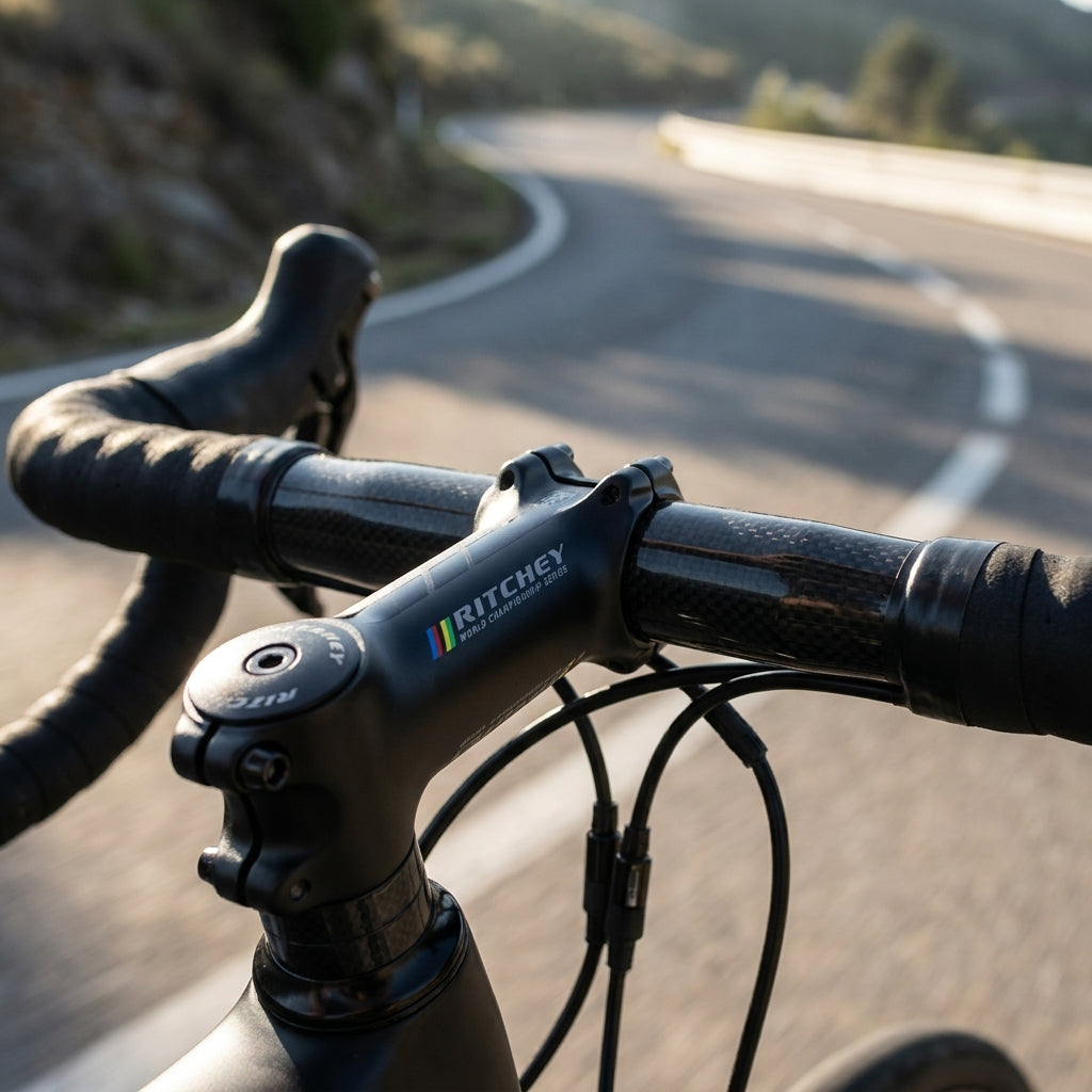 Ultraleichter Ritchey WCS C220 Aluminium-Vorbau auf Rennradlenker vor malerischer Bergstraße.