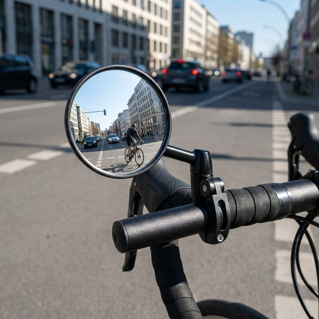 Busch & Müller Cycle Star 80 Fahrrad-Rückspiegel am Lenker, zeigt Radfahrer im Stadtverkehr für sicheren Überblick.