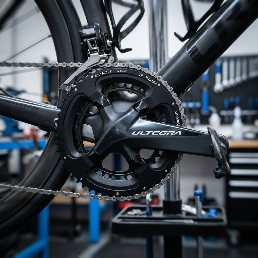 Schwarzes Stronglight CT2 Kettenblatt für Ultegra R8000 am Fahrrad mit Kurbel, Kette und Umwerfer.