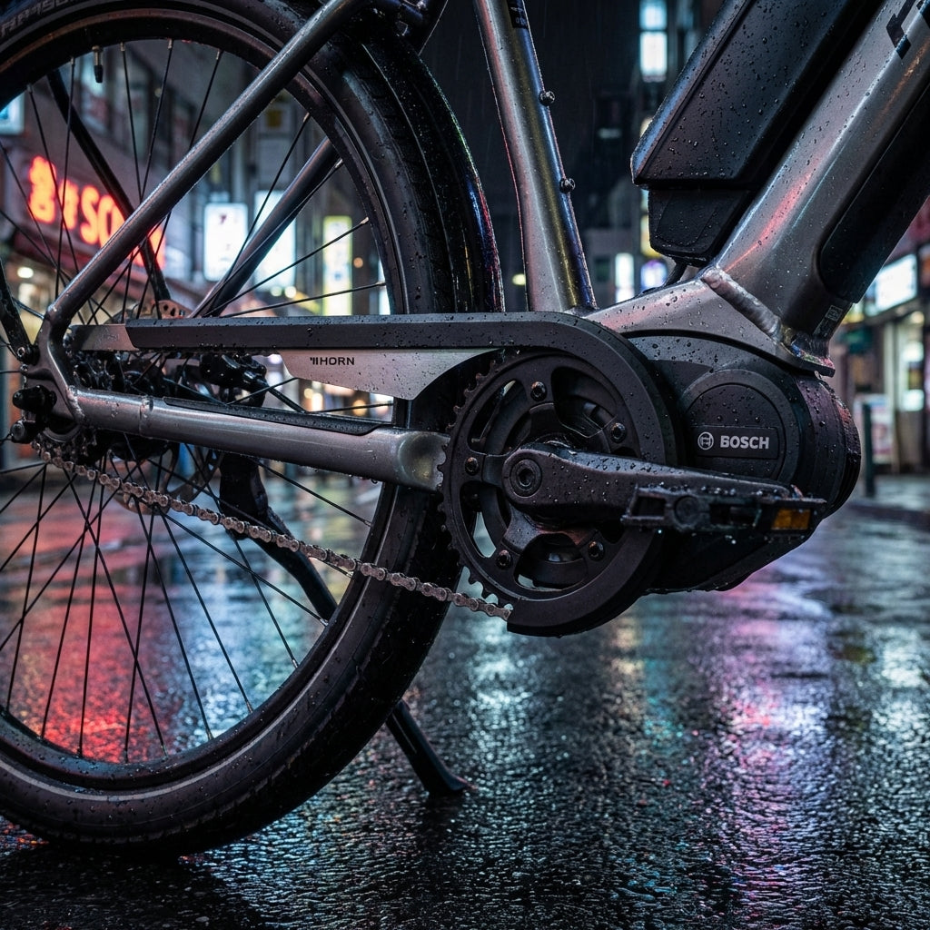 Regennasses E-Bike mit HORN Catena A08B Kettenschutz und Bosch Antrieb auf städtischer Straße.