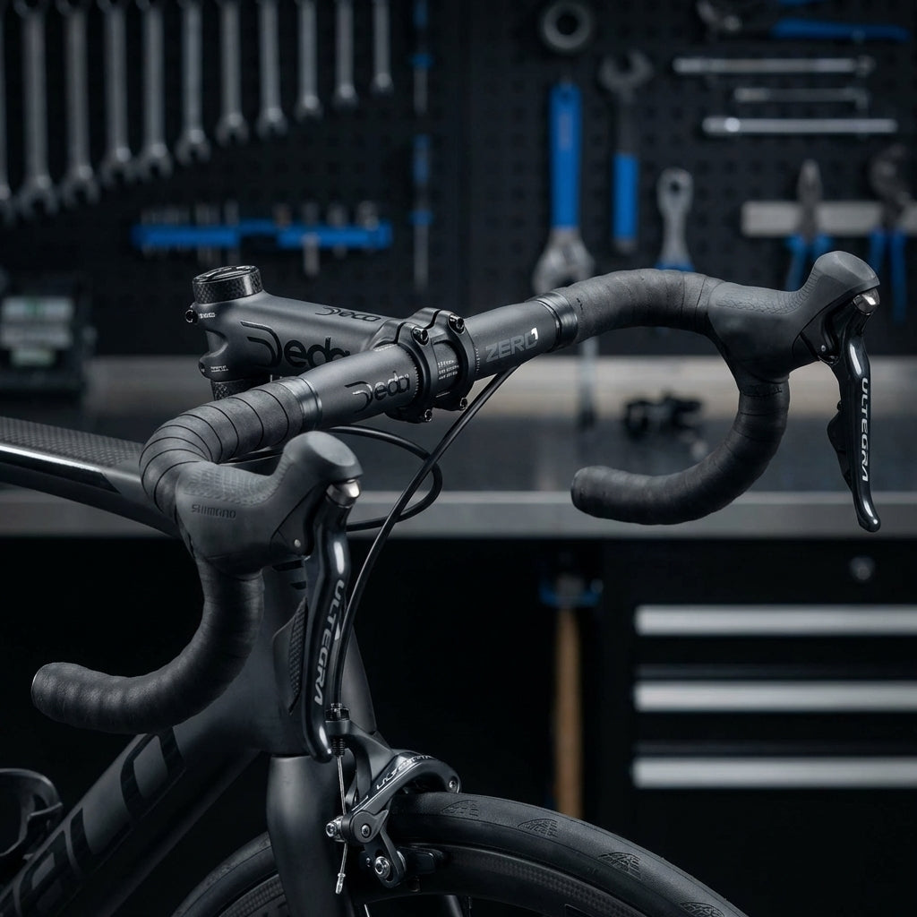 Deda Lenker Zero RHM 01 460 mm black on black am Rennrad, Detailansicht des Cockpits mit Shimano Ultegra.