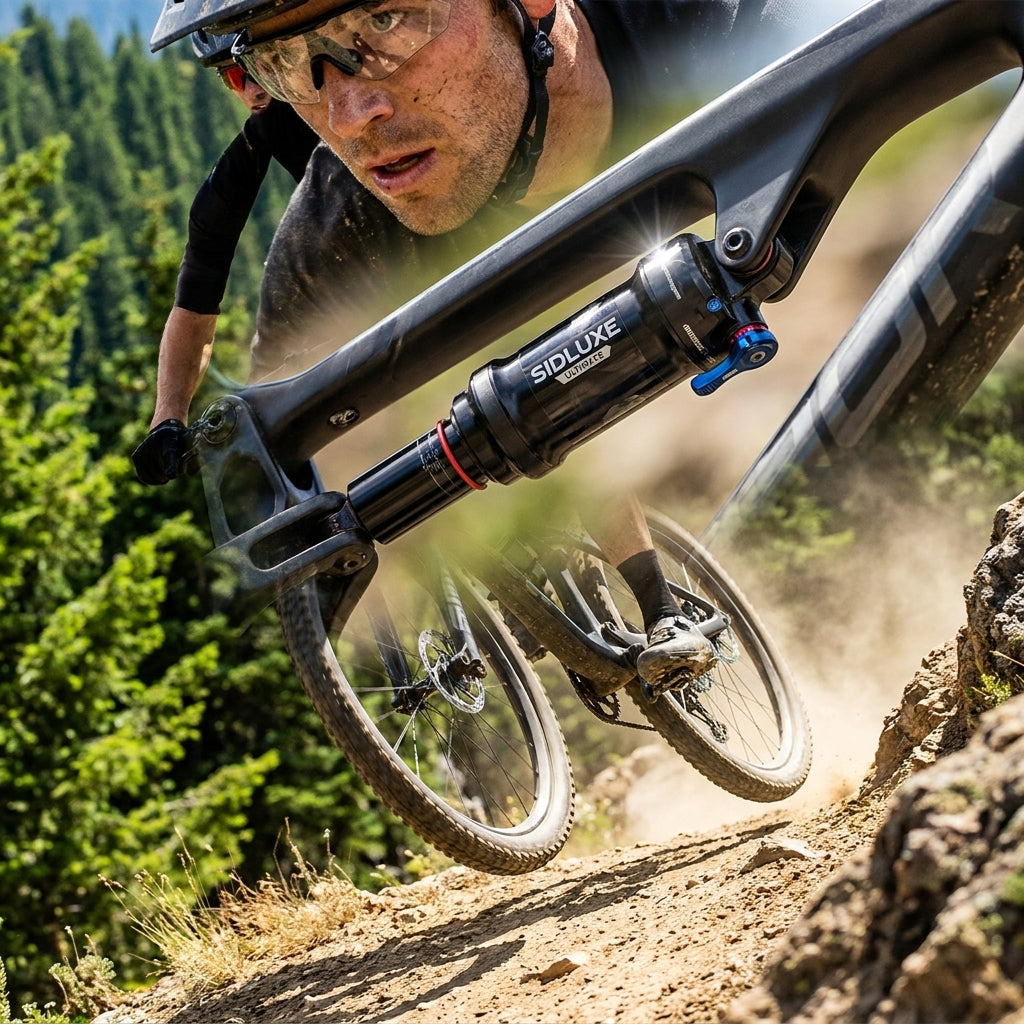 RockShox SIDLuxe Ultimate HR Dämpfer am Mountainbike in Action auf einem Downhill-Trail mit Fahrer.