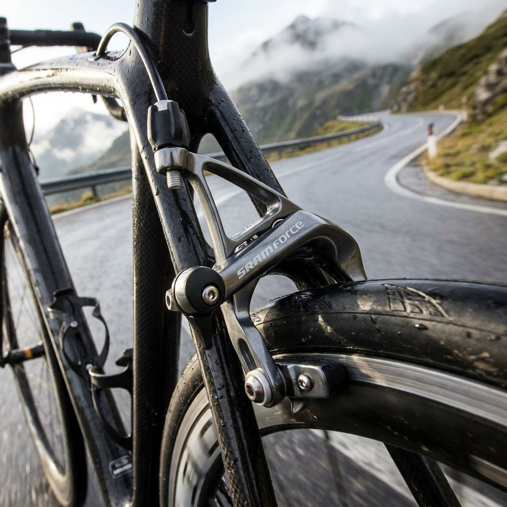 SRAM Force Dual Pivot Hinterradbremse am Rennrad, nass auf Bergstraße.