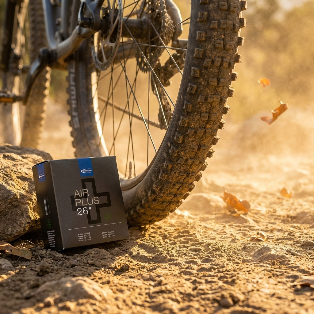 Schwalbe Air Plus 26" Mountainbike Schlauchbox auf staubigem Trail neben Reifen.