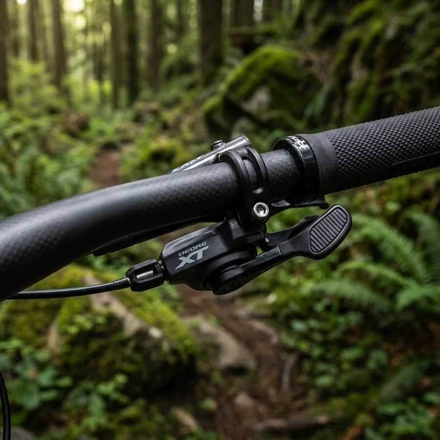 SHIMANO DEORE XT SL-M8100 Links I-Spec EV 2-fach Schalthebel auf Carbon-Mountainbike-Lenker im Wald.
