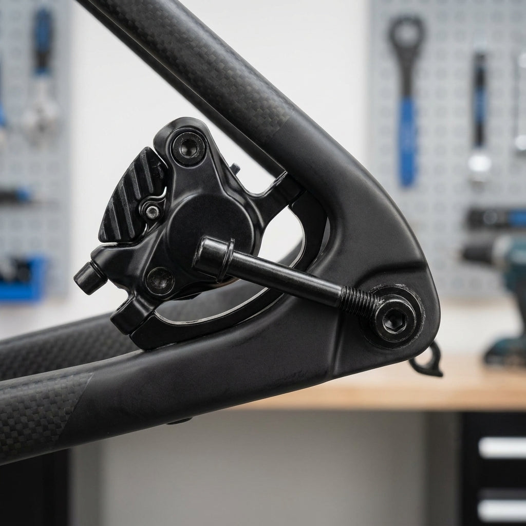 Schwarze TEKTRO Flatmount Bremssattelschraube 42mm sicher an Carbon-Fahrradrahmen und Bremssattel montiert.