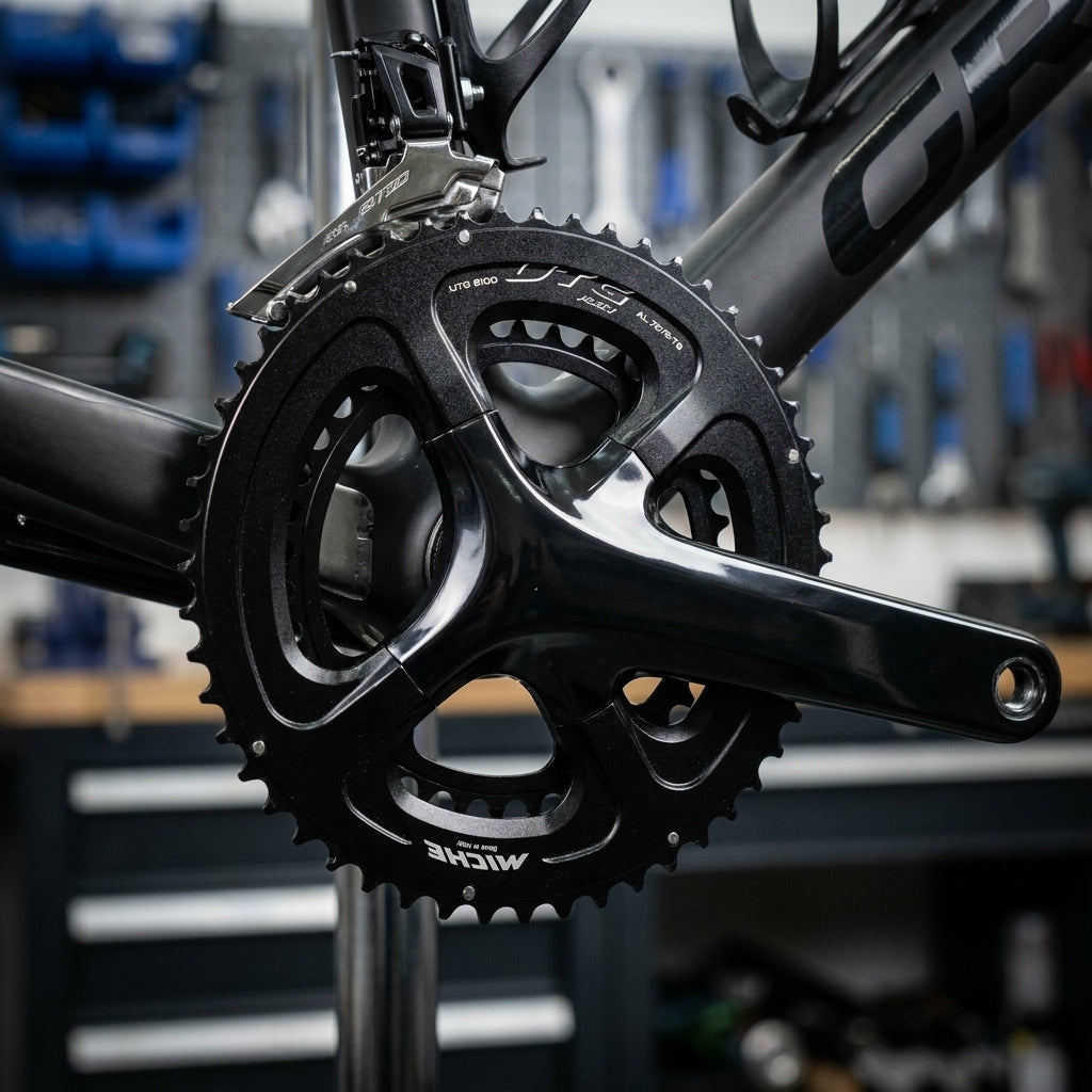 Detailansicht: Schwarzes Miche UTG 8100 12-fach Kettenblatt 56Z am Rennrad-Antrieb.