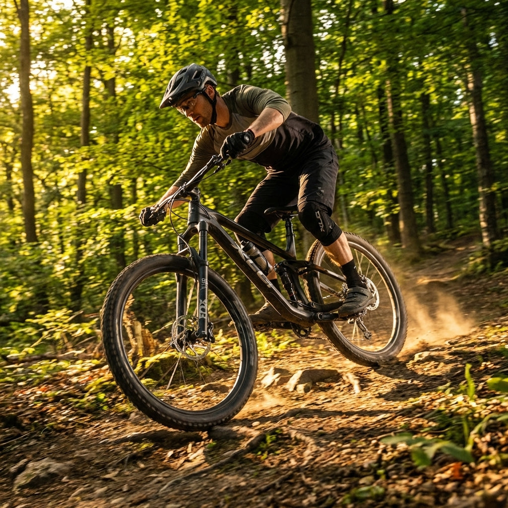 Mountainbiker fährt mit XLC Suspension Dropper SP-S13 auf Waldweg. Ø27,2mm, 100mm Hub, externe Kabelführung.
