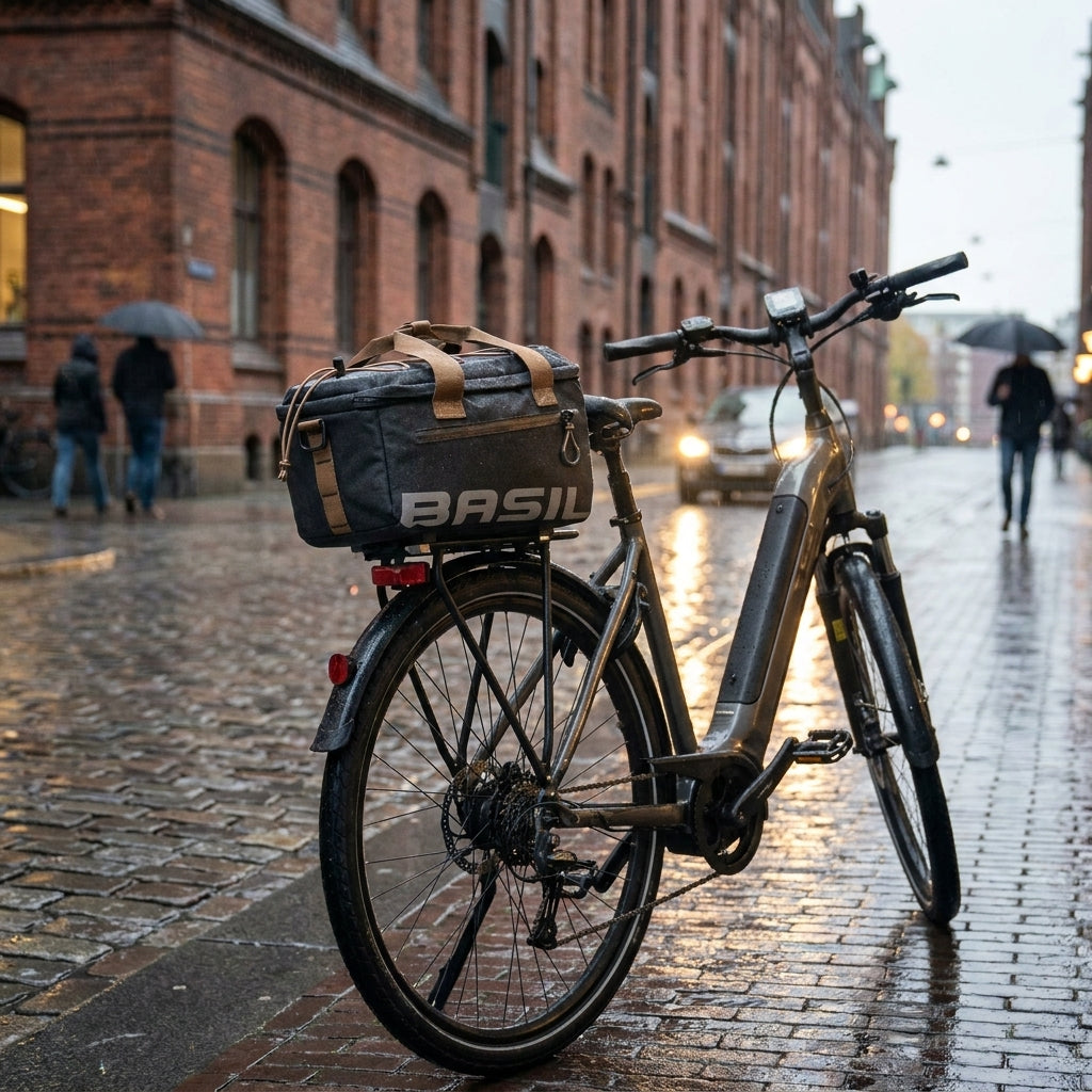 Basil Miles MIK 2.0 Gepäckträgertasche wasserfest am E-Bike im Regen auf nassem Kopfsteinpflaster.