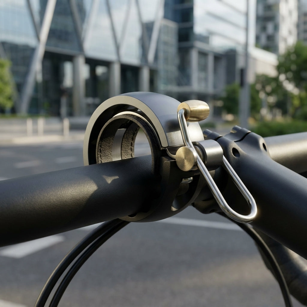 Knog Oi Luxe Fahrradklingel klein 22.2mm schwarz grau am Lenker, Stadt im Hintergrund.