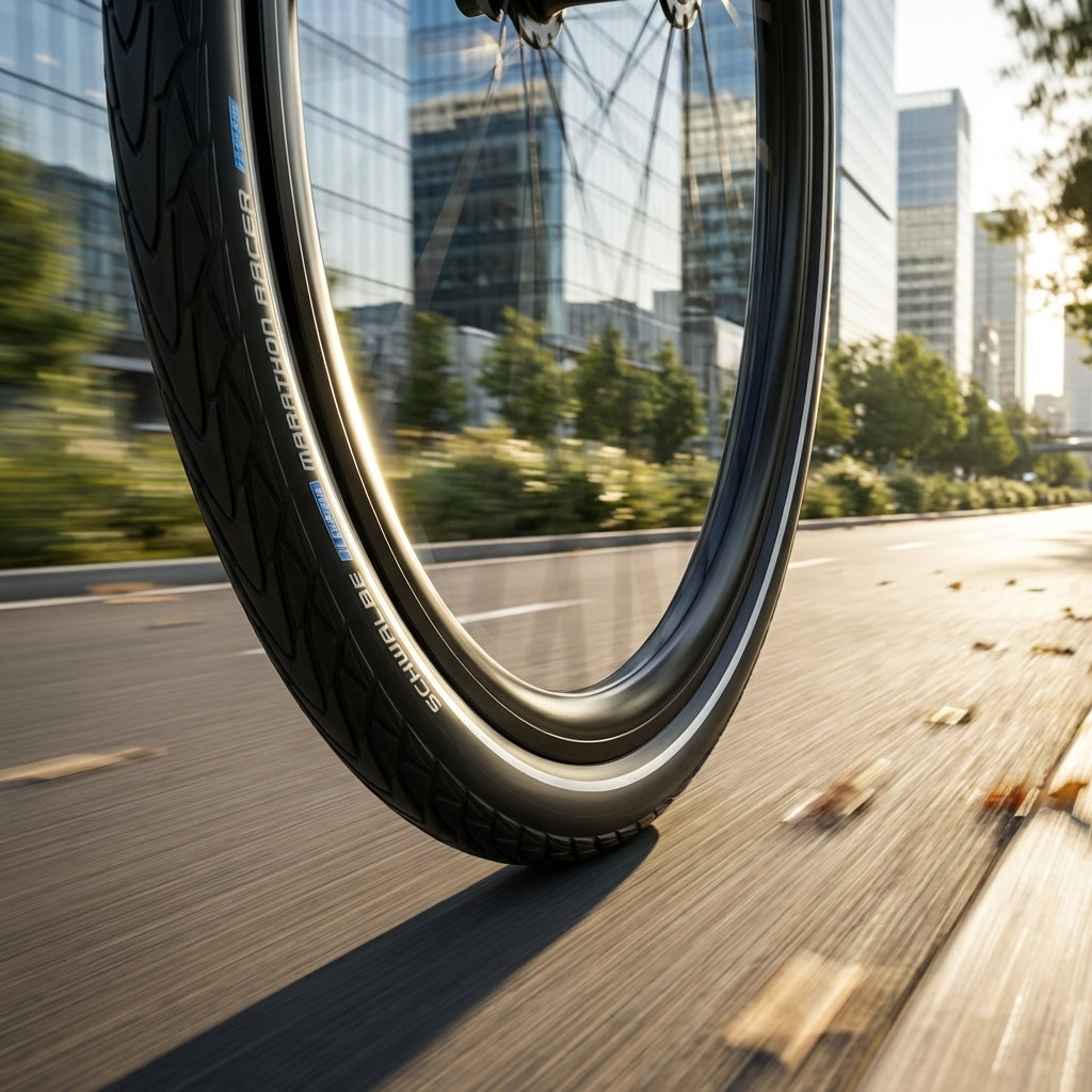 Schwalbe Marathon Racer Fahrradreifen 26x1.50 ADDIX RaceGuard Performance Line auf Straße in Bewegung.