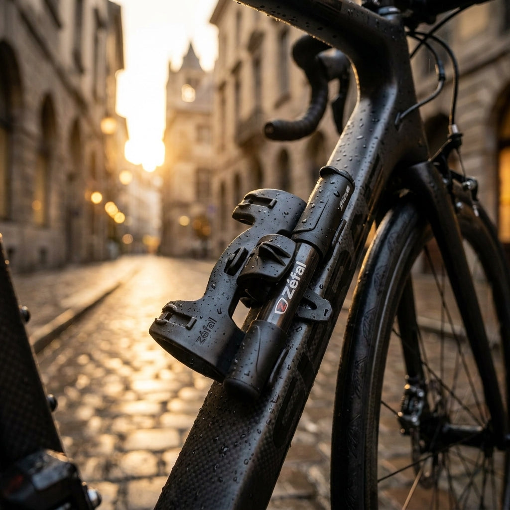 Zefal Pumpenbefestigung Jet JetT JetTL JetMini an nassem, schwarzem Fahrrad auf Kopfsteinpflaster.