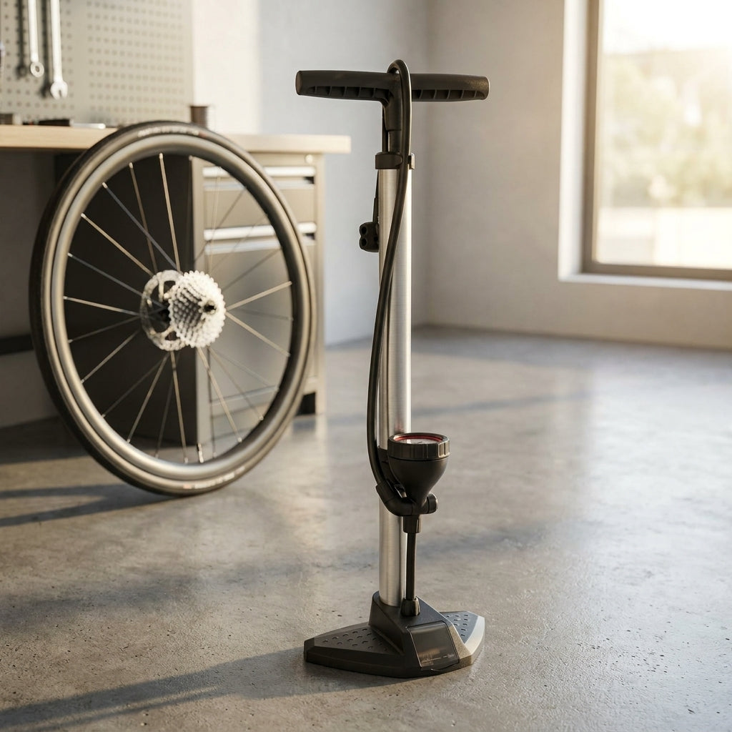 XLC Standpumpe PU-S05 11 bar mit Dualkopf Ø34mm Aluminium neben Fahrradlaufrad in Werkstatt.