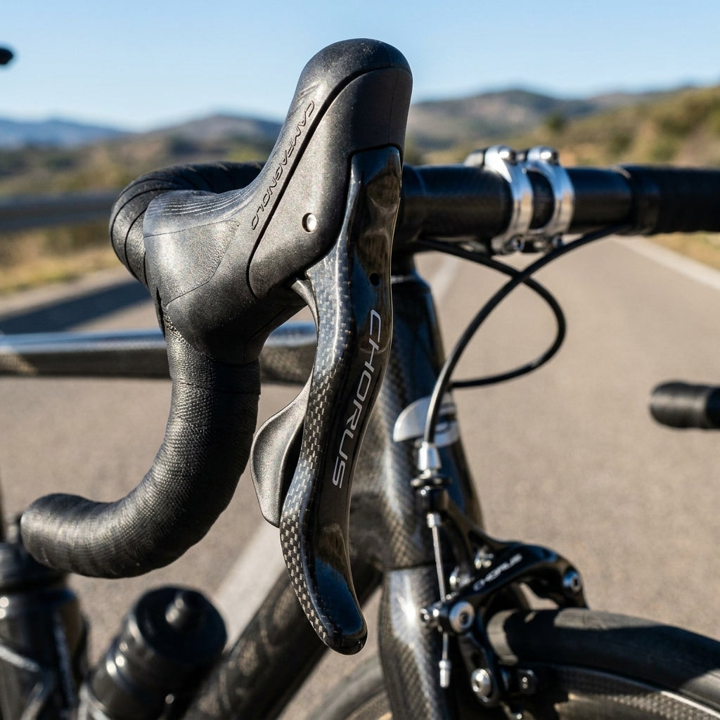 Campagnolo Chorus 12f linker Brems-Schalthebel auf Carbon-Rennrad.