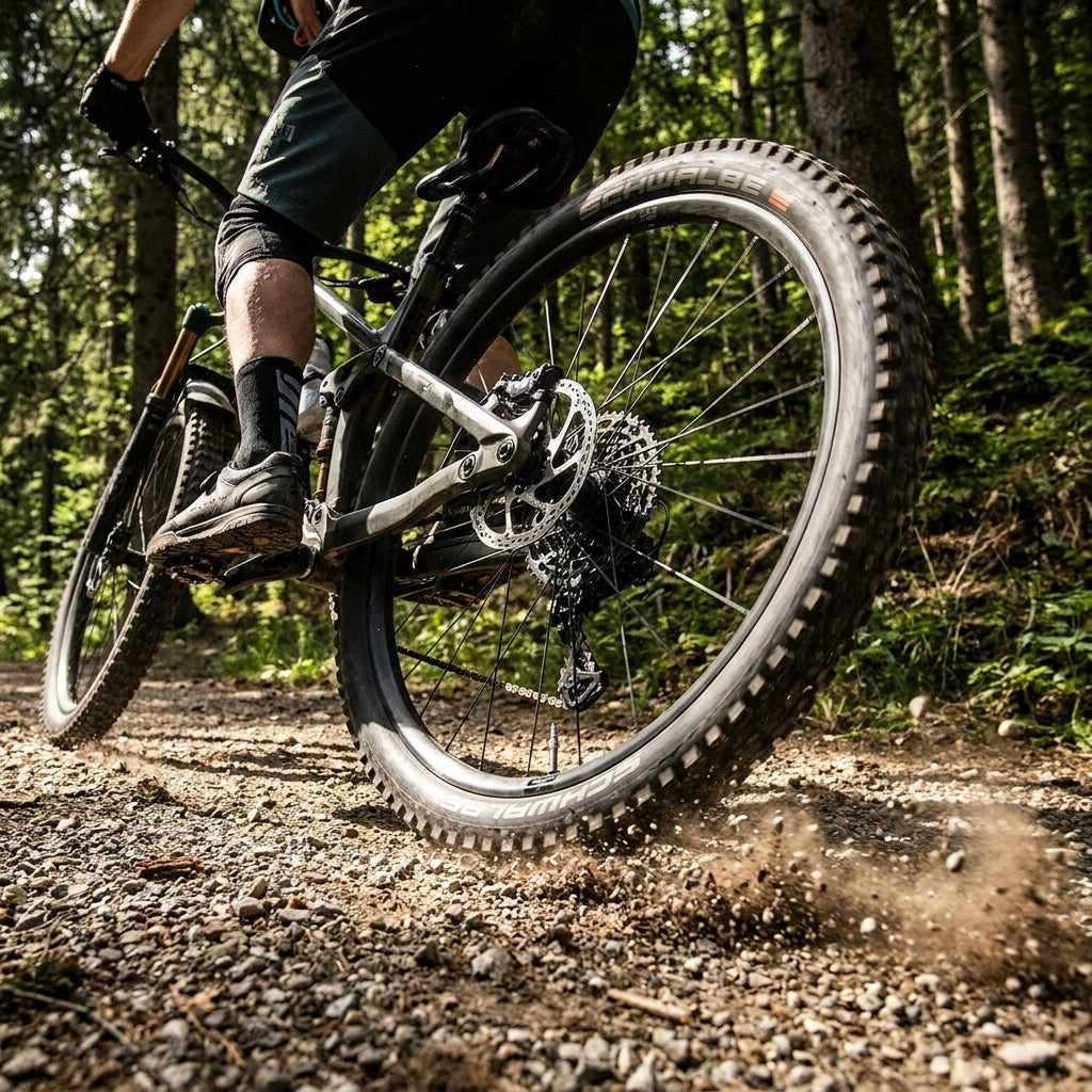 Schwalbe SCHLAUCH SV21XXL. Zuverlässiges Mountainbike mit Schwalbe Reifen auf Schotterweg, Staub aufwirbelnd.