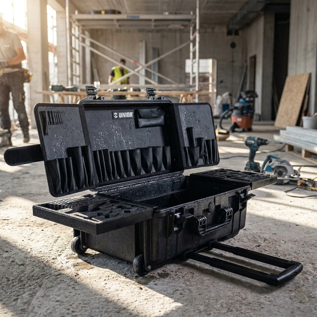 Unior Werkzeugkoffer leer für Master-Werkzeugsatz 970MASTERKIT, rollbar, offen auf Baustelle.