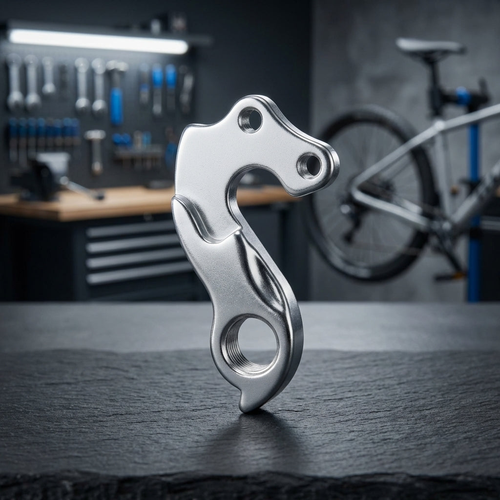 Glänzendes XLC Schaltauge DO-A28 Aluminium auf dunklem Untergrund in einer Fahrradwerkstatt.