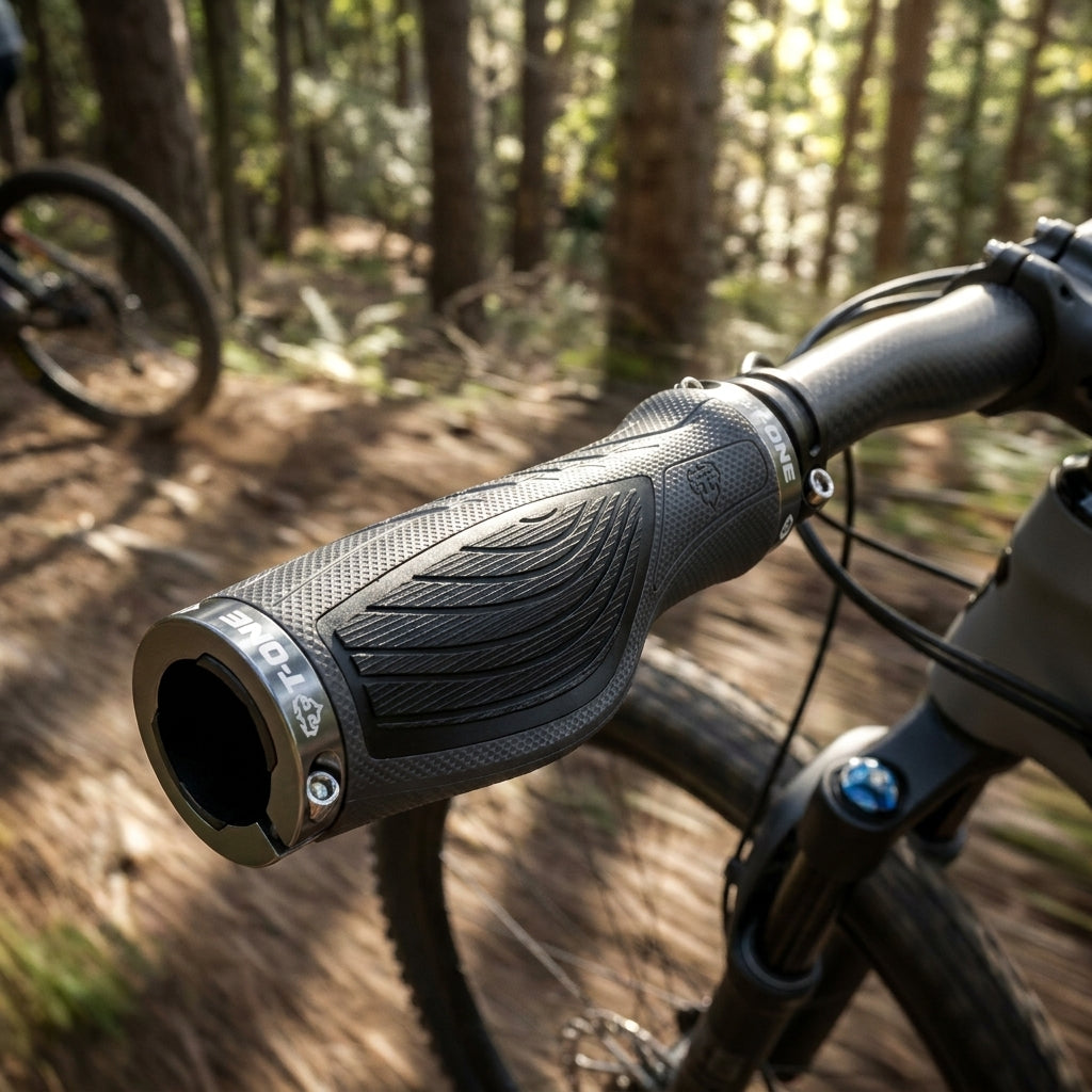 Ergonomische T-One Ez schwarze Fahrradgriffe mit doppelter Schraubensicherung am Mountainbike-Lenker im Wald.