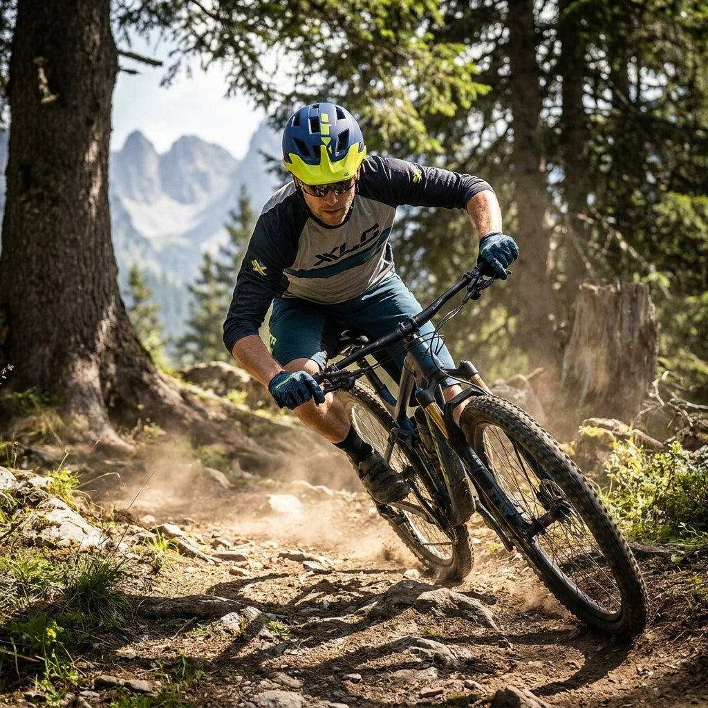 Mountainbiker trägt XLC Helm MTB BH-C30 blau auf felsigem Trail in den Bergen.