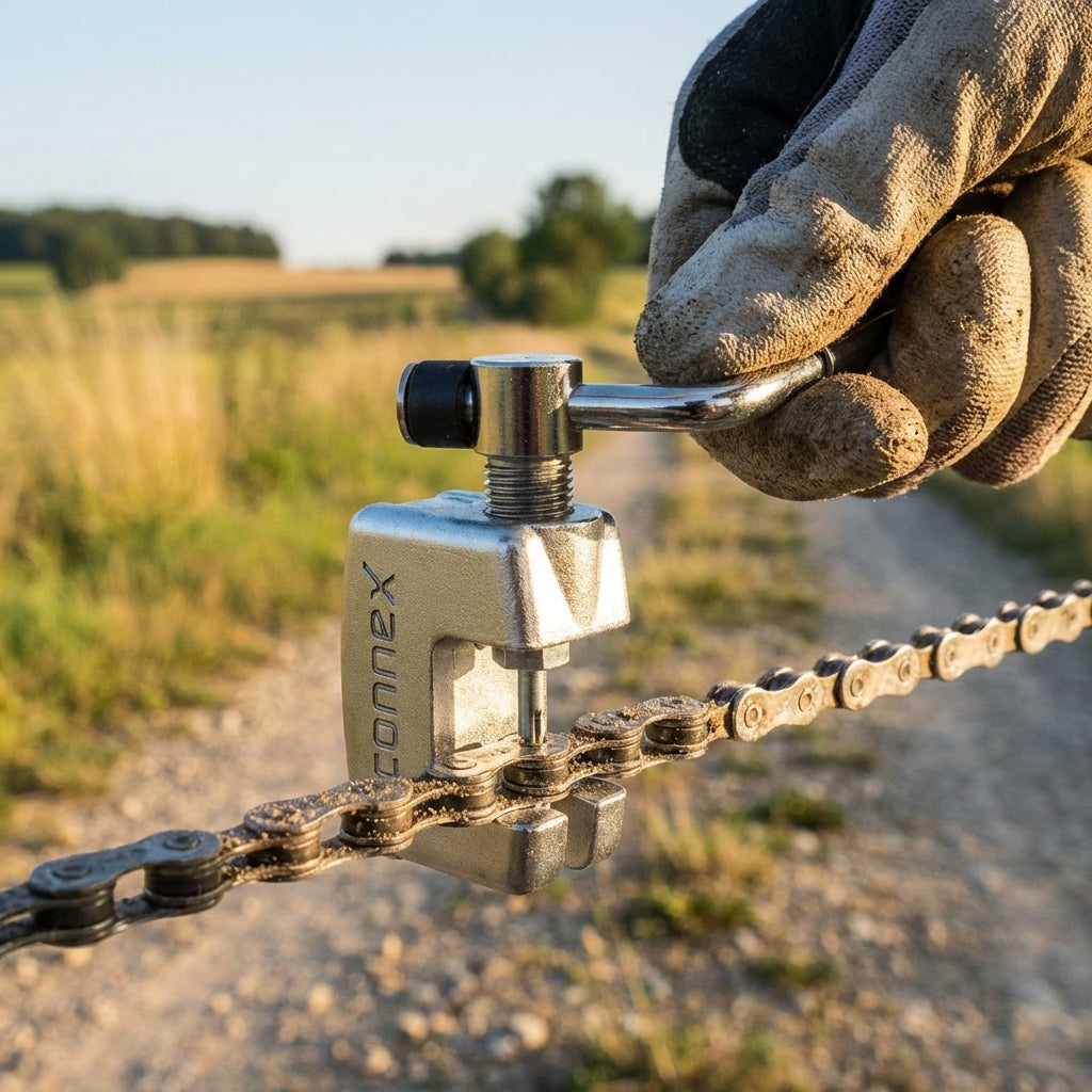Hand benutzt Wippermann Connex Kettennieter an schmutziger Fahrradkette auf Feldweg.