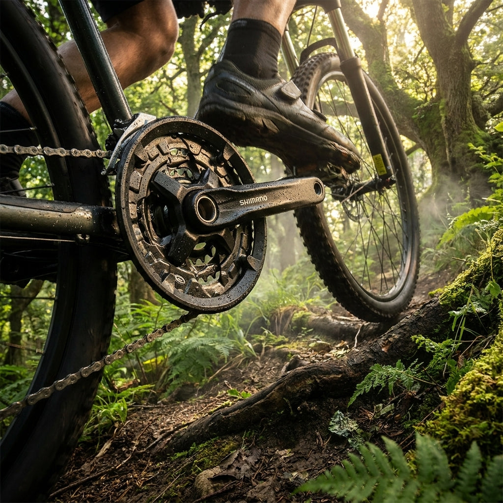 Robuste SHIMANO FC-M210-3 3-fach Kurbelgarnitur am Mountainbike auf nassem Waldweg im Einsatz.