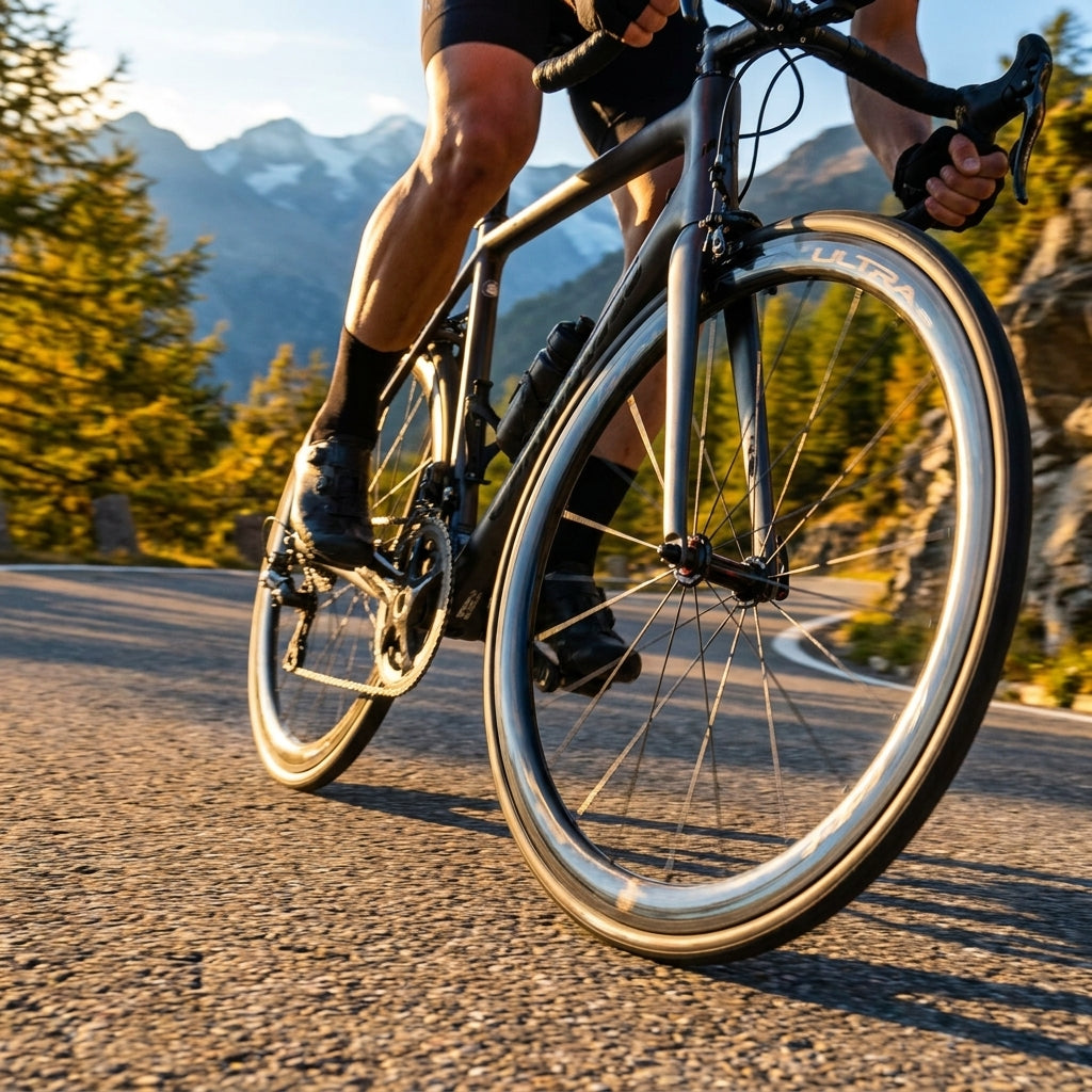 Nahaufnahme der Campagnolo Hyperon Ultra 2WF DB Laufräder am Rennrad eines Fahrers auf einer sonnigen Bergstraße.