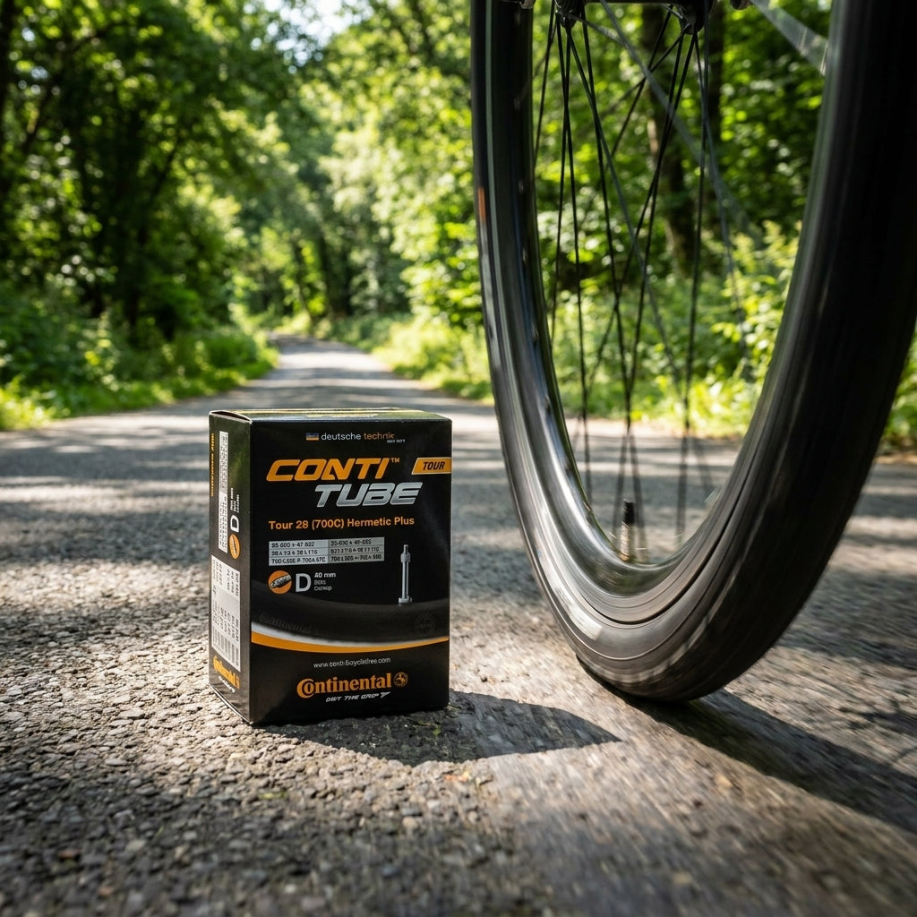 Continental Schlauch Conti Tour 28 Hermetic Plus DV 40mm Box auf Fahrradweg neben Rad.