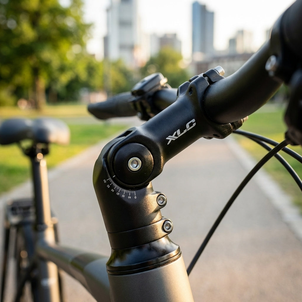XLC ST-T02 Alu Fahrradvorbau 80mm schwarz, verstellbar, am Fahrrad montiert. Park und Stadt im Hintergrund.