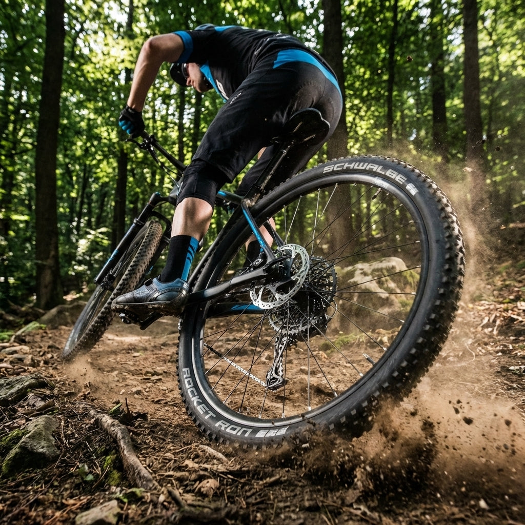 Schwalbe Rocket Ron Reifen am Mountainbike wirbeln auf Waldweg Dreck auf.