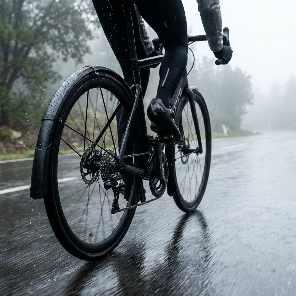 Specialized DRY-TECH FENDER SET 35C am schwarzen Rennrad im Regen, schützt vor Spritzwasser.