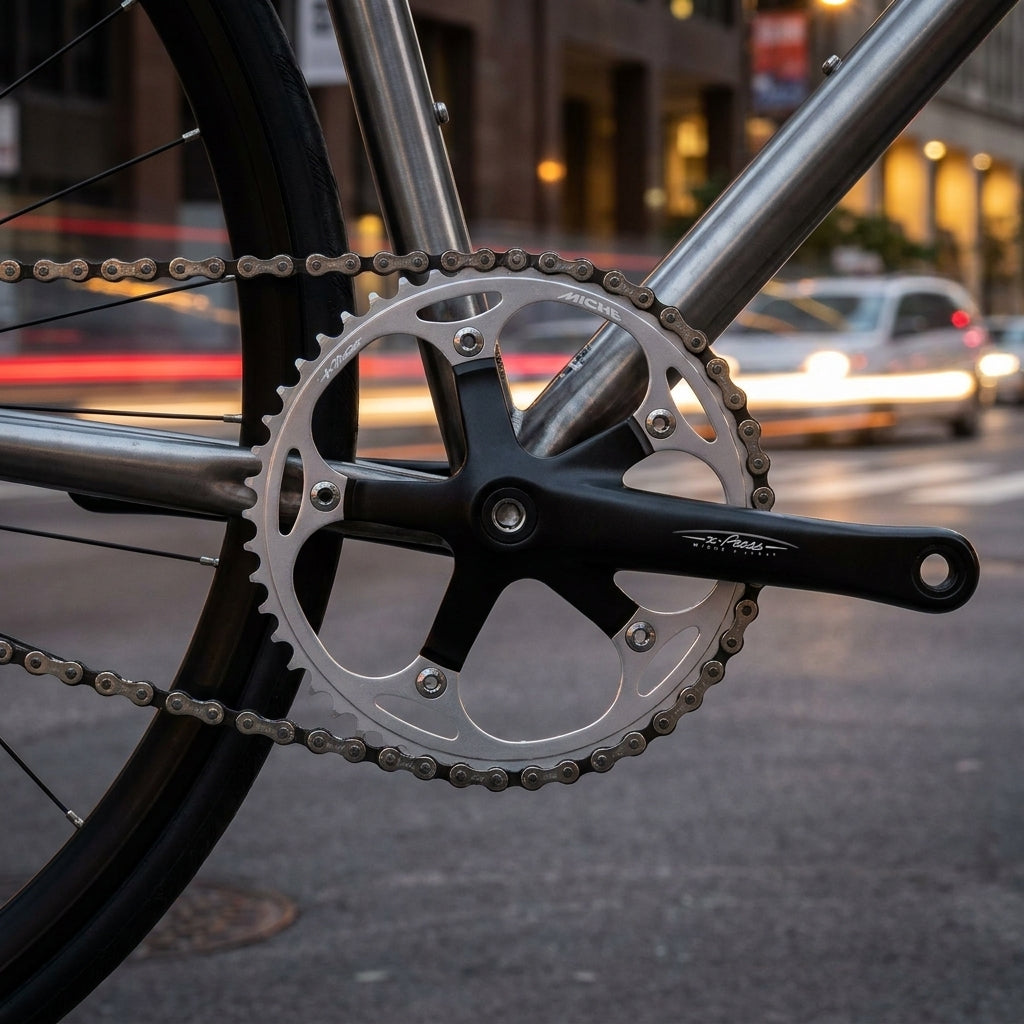 Miche XPress Kurbelgarnitur 170mm, schwarzer Arm, silbernes 47-Zähne-Kettenblatt am Fahrrad.
