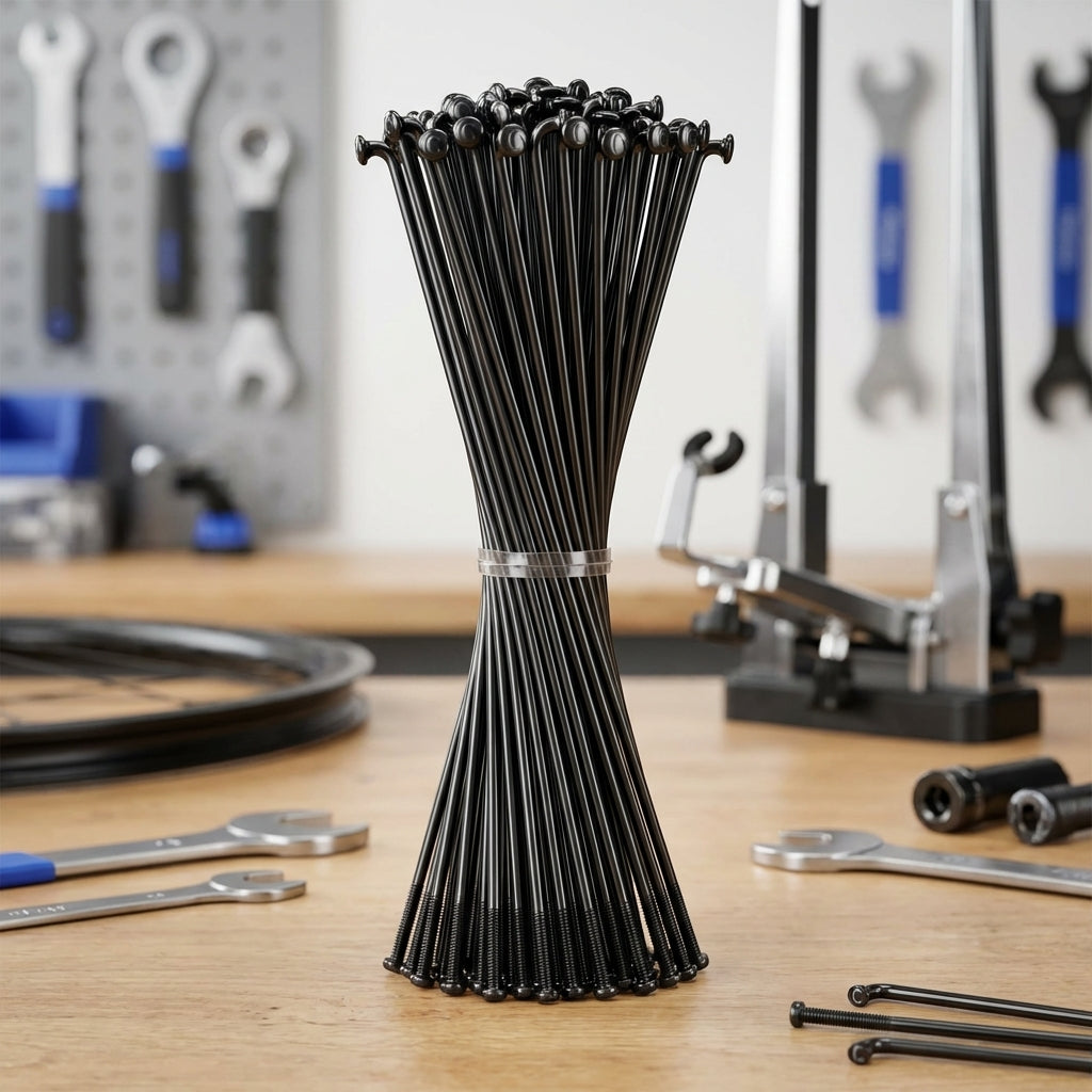 100 schwarze cnSpoke STD14C Fahrradspeichen aus Edelstahl, 266mm, Ø2,0mm, ohne Nippel, gebündelt auf Werkbank.