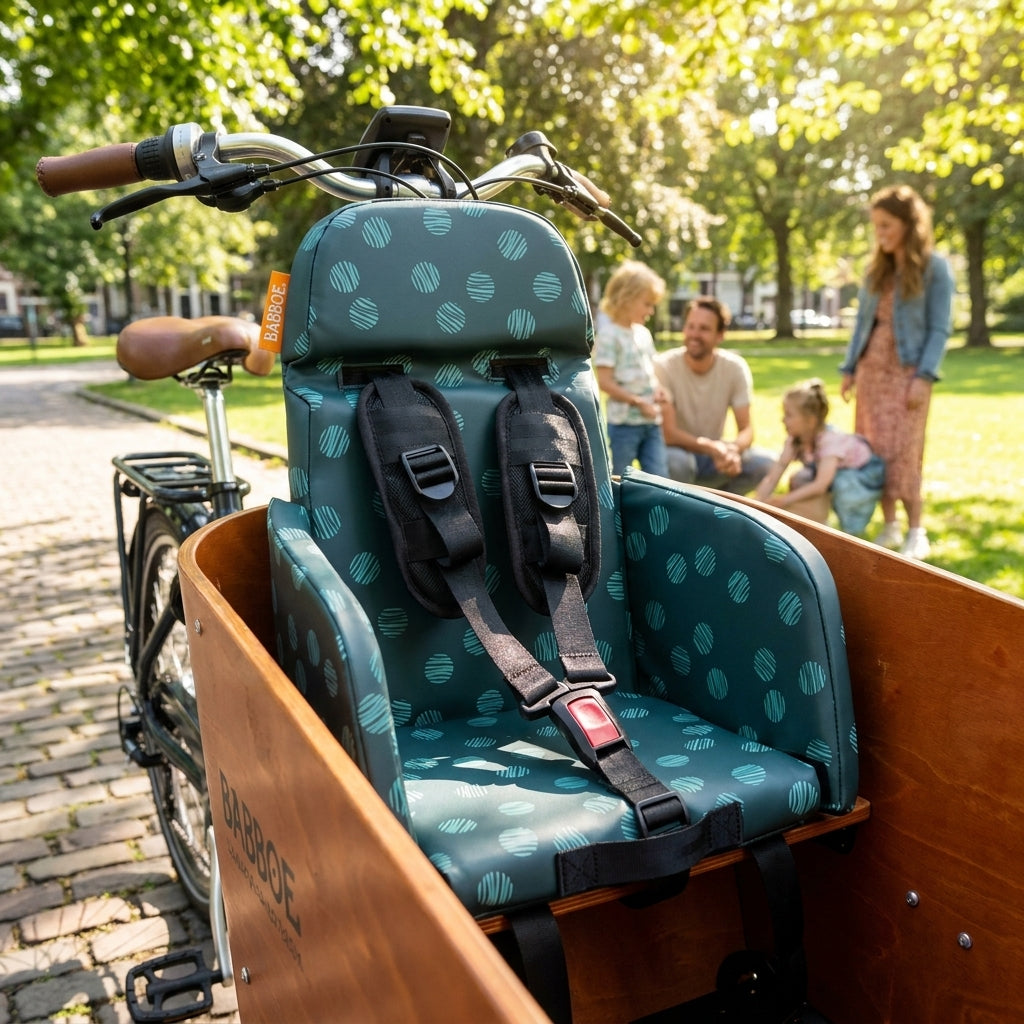 Babboe Kindersitz Luxus Dark Sage. Ergonomischer Fahrradsitz für Kinder, sicher & stilvoll. Hochwertiges Design für Lastenrad & Fahrrad.
