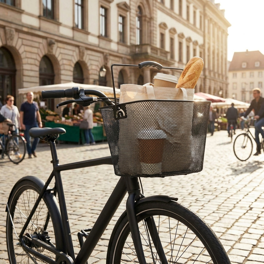 Point Lenkerkorb vorne aus Stahl, schwarz und engmaschig, am Fahrrad mit Baguette und Kaffee auf Marktplatz.