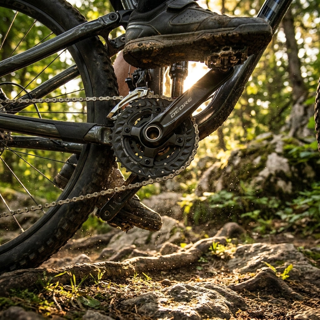 SHIMANO DEORE FC-M6000 Kurbelgarnitur am Mountainbike auf felsigem Trail.