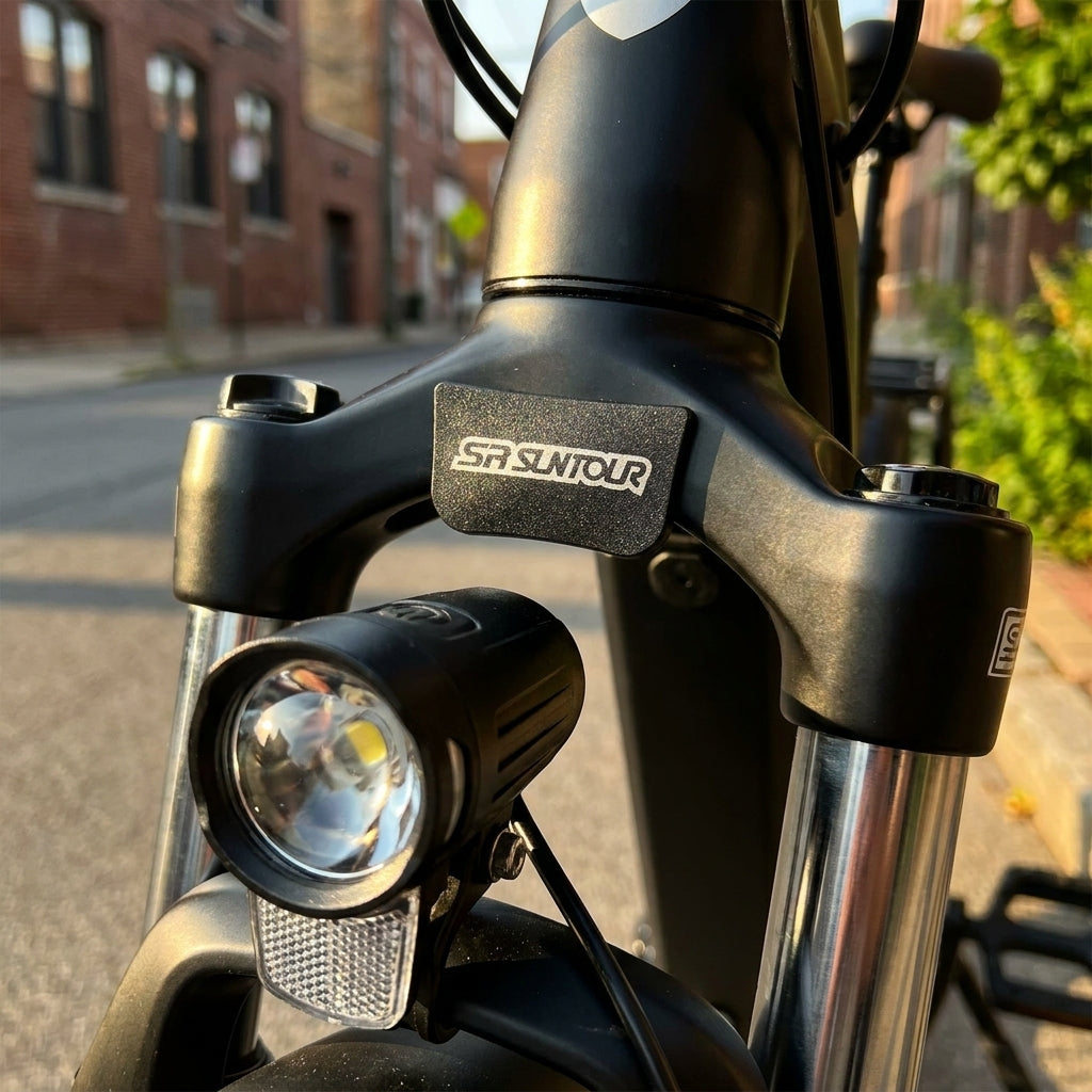 SR Suntour Scheinwerfer Sockelblende an schwarzer NCX E25/E45 Gabelbrücke mit LED-Fahrradlicht.