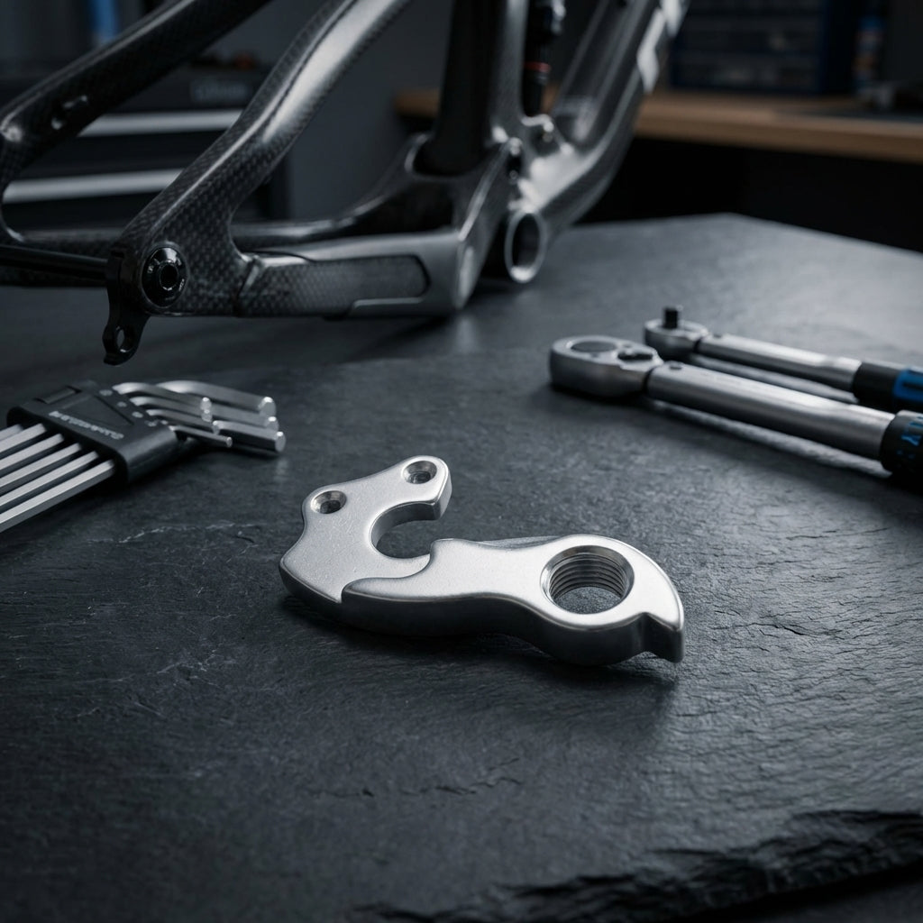 XLC Schaltauge DO-A28 Aluminium. Hochwertiges Fahrrad-Ersatzteil mit Werkzeug auf dunklem Untergrund.