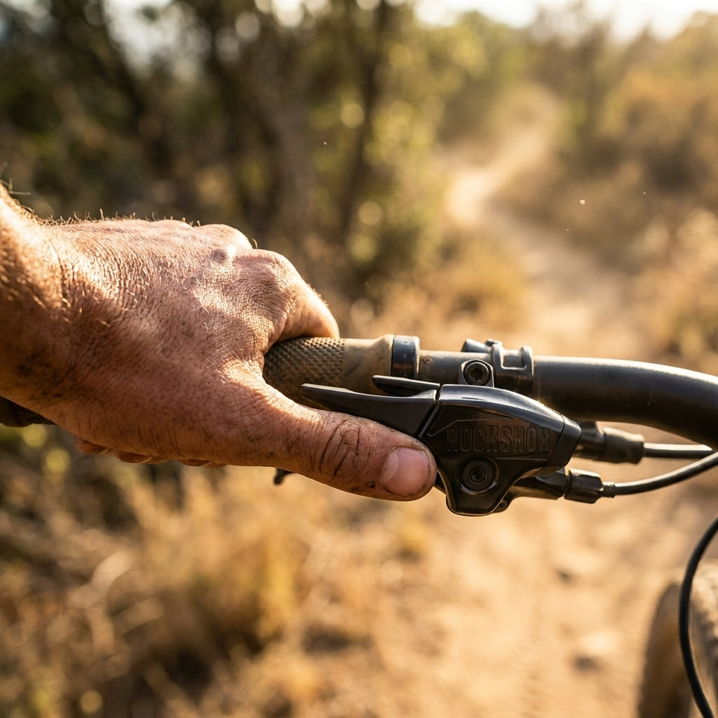 RockShox OneLoc Remote Upgrade Kit: Hand am MTB-Lenker bedient Hebel auf sonnigem Trail.