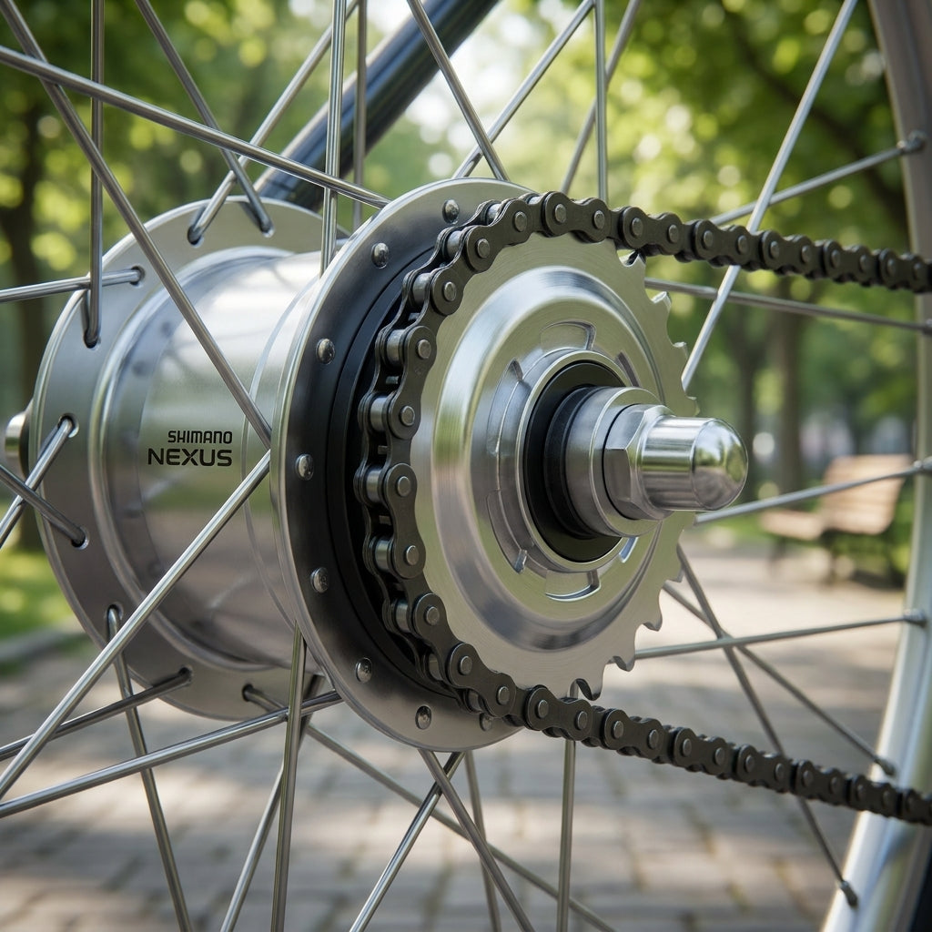 Silbernes SHIMANO NEXUS 19Z Ritzel für Nabenschaltung am Fahrrad-Hinterrad, mit Kette.